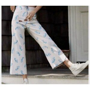 Anthropologie Cream and Blue Patterned Cropped Pants